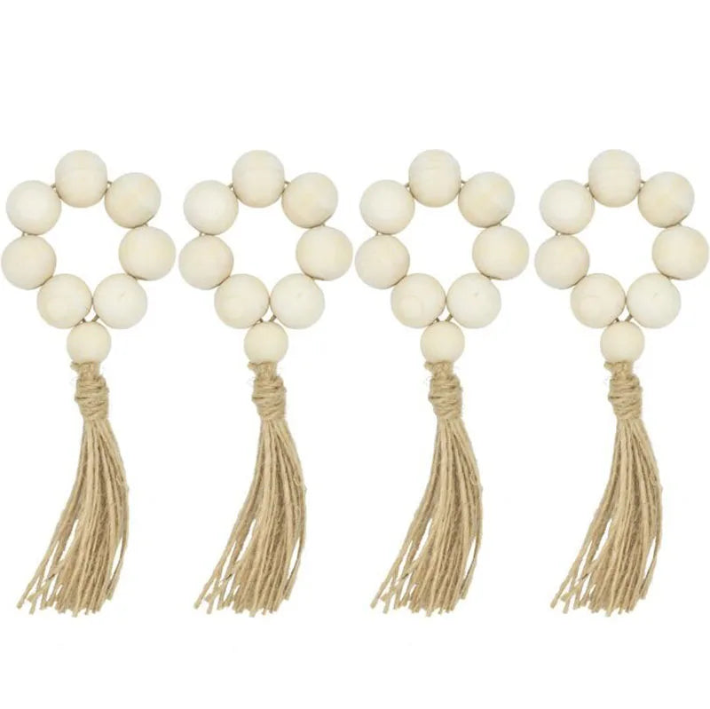 Farmhouse Beaded Housewarming Gift Table Setting Wedding Party Decor Accessories Napkin Holder Wood Napkin Rings with Tassels
