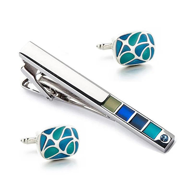 Wholesale Blue Enamel Cufflinks Tie Clips Custom Mens Business Suit Shirt Fashion Accessory Wedding Tuxedo Trendy Jewelry Gift