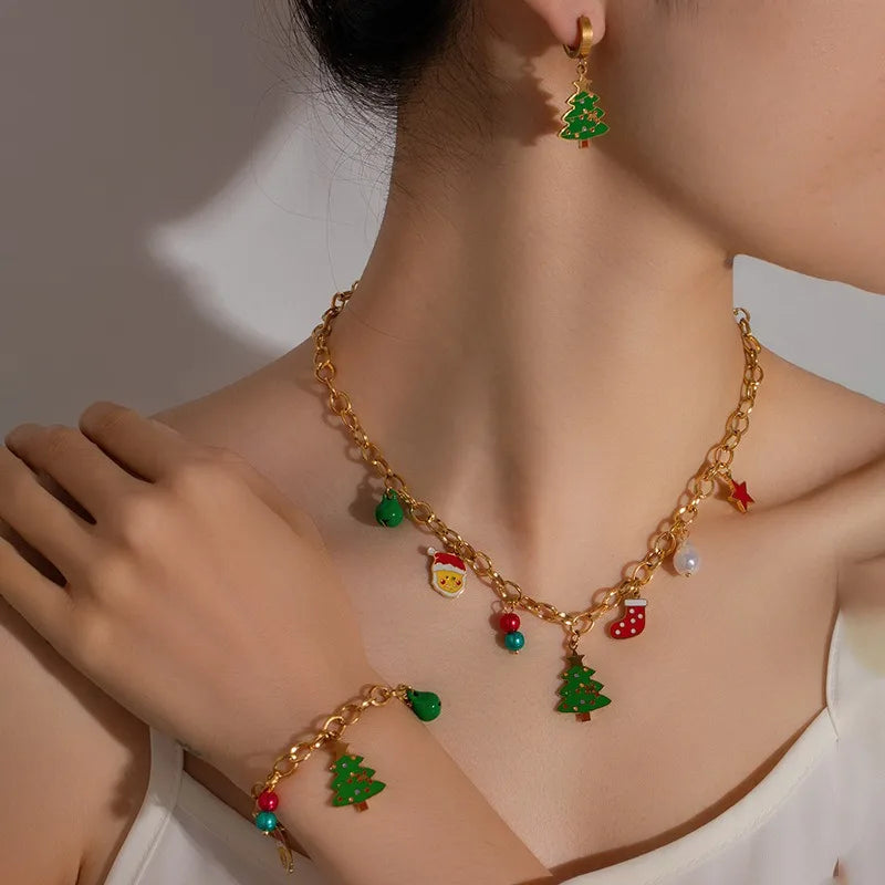 New Fashion Christmas Jewelry Set Colorful Enamel Earring Santa Bell Socks Star Necklace Bracelet All Stainless Steel