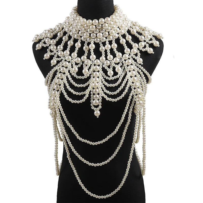 Exaggerated Atmosphere Imitation Pearl Shawl Necklace Vintage Handmade Beaded Necklace Accessories Necklace Body Chain