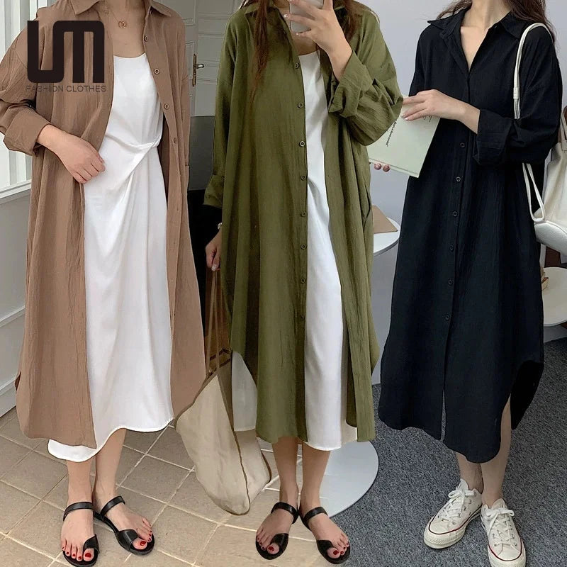 Cheap Oem Women Casual Cardigan Button Decoration New Arrival Korean Fashion Solid Color Loose Long Knee Shirts Logo Front
