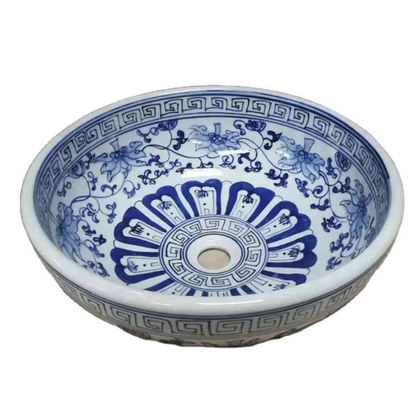 Chinese Traditional Luxury Blue White Hand-Painted Ceramic Basin 12L Capacity Water Resistant Bathroom Sinks for Home Hotel Use