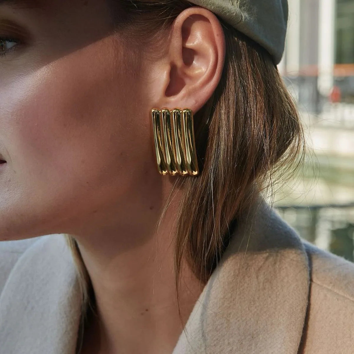 New Arrival Chunky Jewelry 18K Gold Plated Texture Earrings Statement Stainless Steel Rectangular Stripe Earring