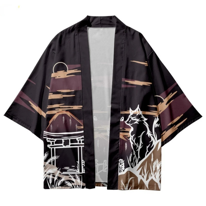 Plus Size Summer Anime Fox Print Shirts Loose Traditional Kimono Men Women Yukata Japanese Cardigan Cosplay Haori Clothing