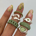 VKME Vintage Green Embrace Hands Rings Set for Women Metal Paint Coating Creative INS Style Love Heart Ring Fashion Jewelry