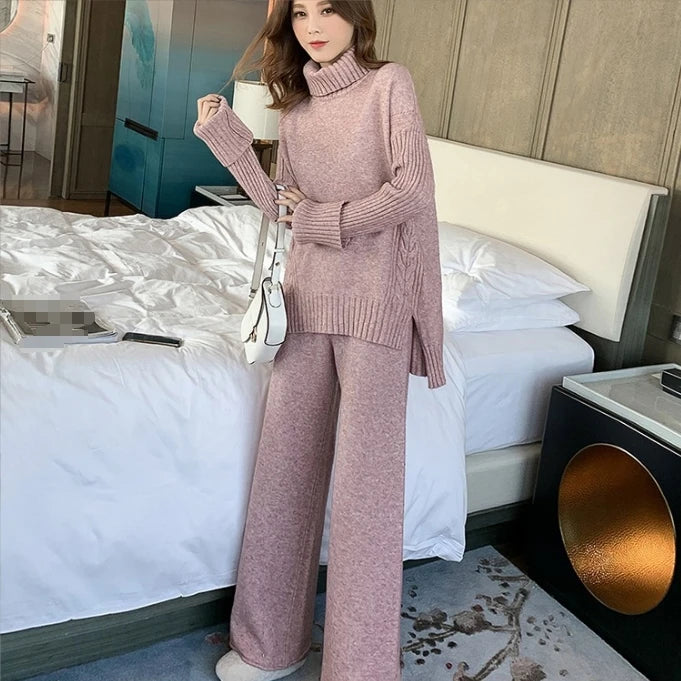 S-XL=One Size Turtleneck Sweaters Two Piece Sets Women Knitted Sweater and Wide Leg Long Pants Slit Women Sweater Suits