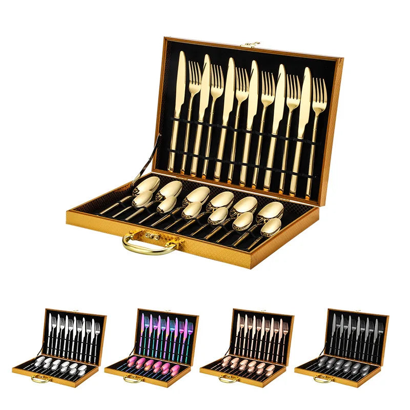 Piece Gold Baroque Royal Luxury Pcs Flatware Cutleri Set Nordic Stainless Steel 12/16/24 Cutlery Set With Wooden Box