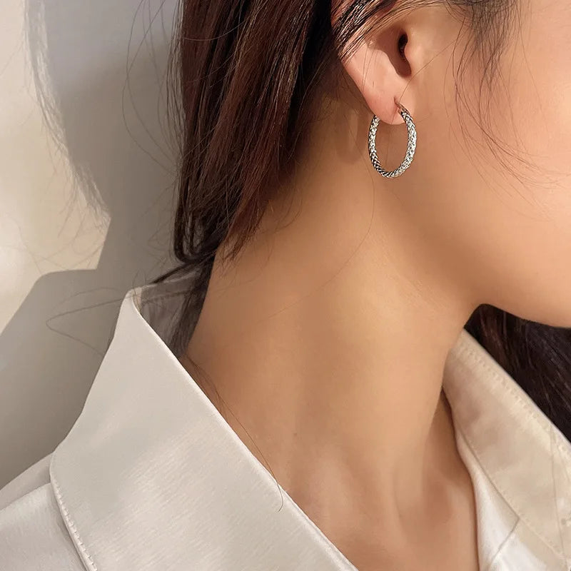 Vintage Circle Women's 925 Silver Hoop Earrings Rhodium & Gold Plated Chunky Braided Texture Trendy Style for Party or Gift