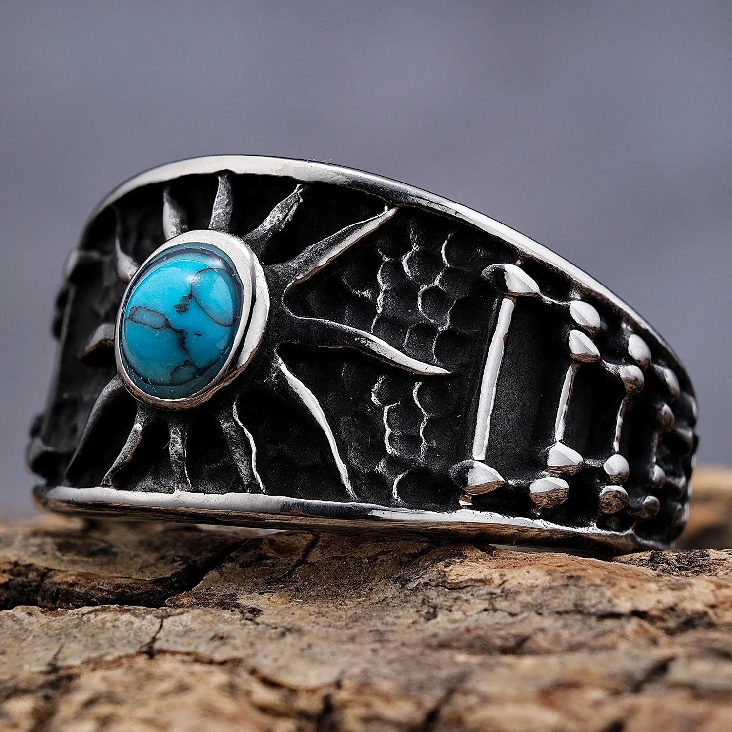 Handmade Stainless Steel Vintage Silver Master Sun Blue Turquoise Stone Signet Rings for Men Women Size 7-15