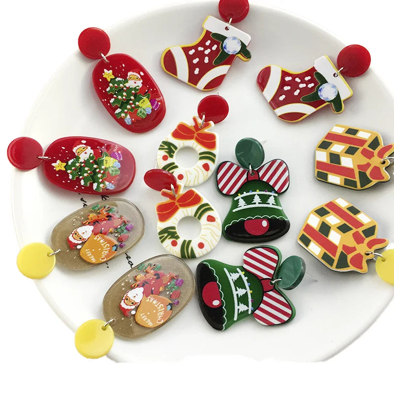 Korean Style Cute Christmas Snowflake Santa Claus Reindeer Acrylic Statement Dangling Earring Hooks Fashion Drop Earrings for