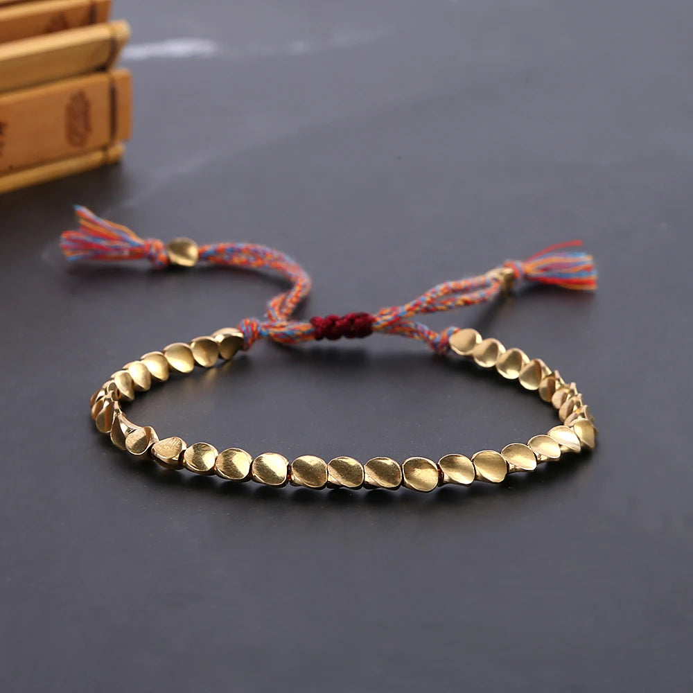 Bohemia Irregular Brass Copper Beads Bracelet Red Colorful Rope Braided Adjustable Rope Tassel Bracelet for Women Girls