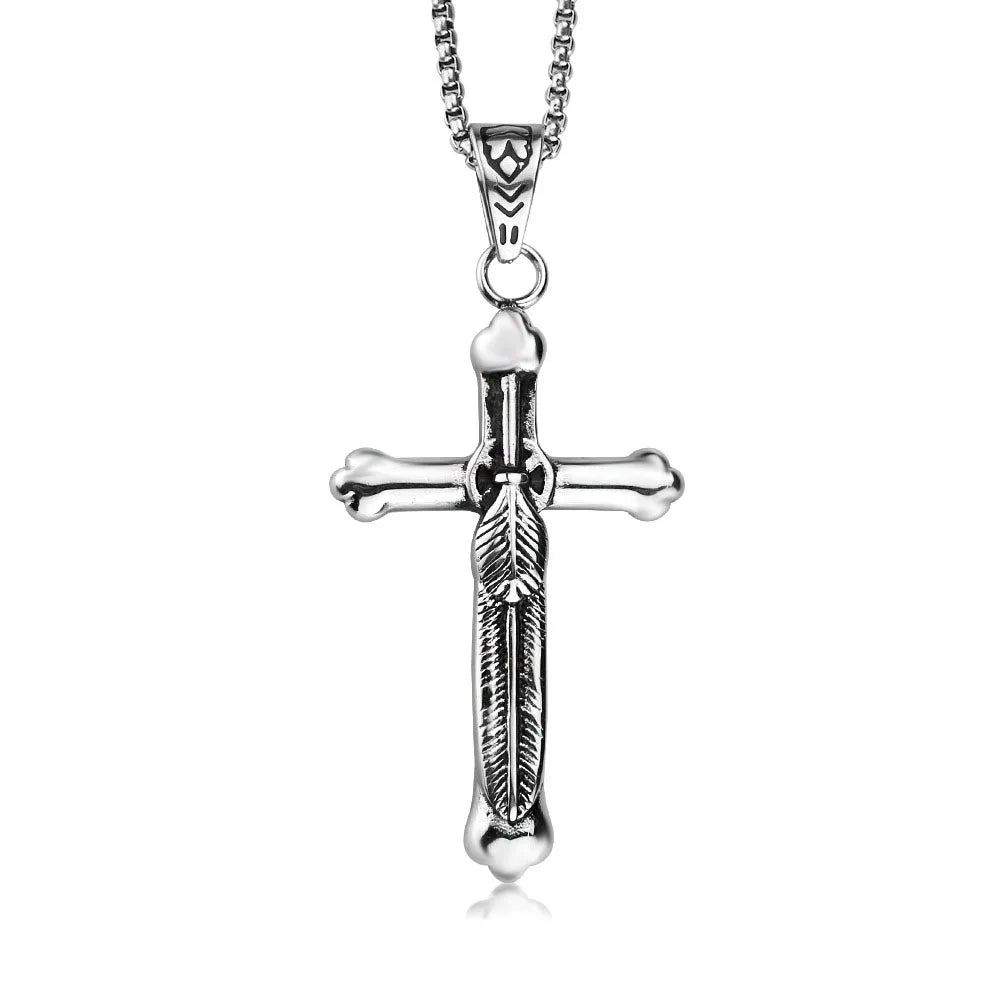 Hot Selling 316L Stainless Steel Catholicism Jewelry Necklace Cross Shape Pendant with Feather Design Fine Pendants & Charms