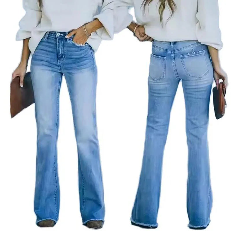 RNSHANGER Fashion Women's Classic Jeans Blue Washed Vintage Style Streetwear Mid-Length Waist Pocket Design Jeans for Summer
