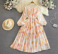 Spring Autumn New Style Temperament Round Neck Waist Slimming Mid Length A-line Printed Women's Dress