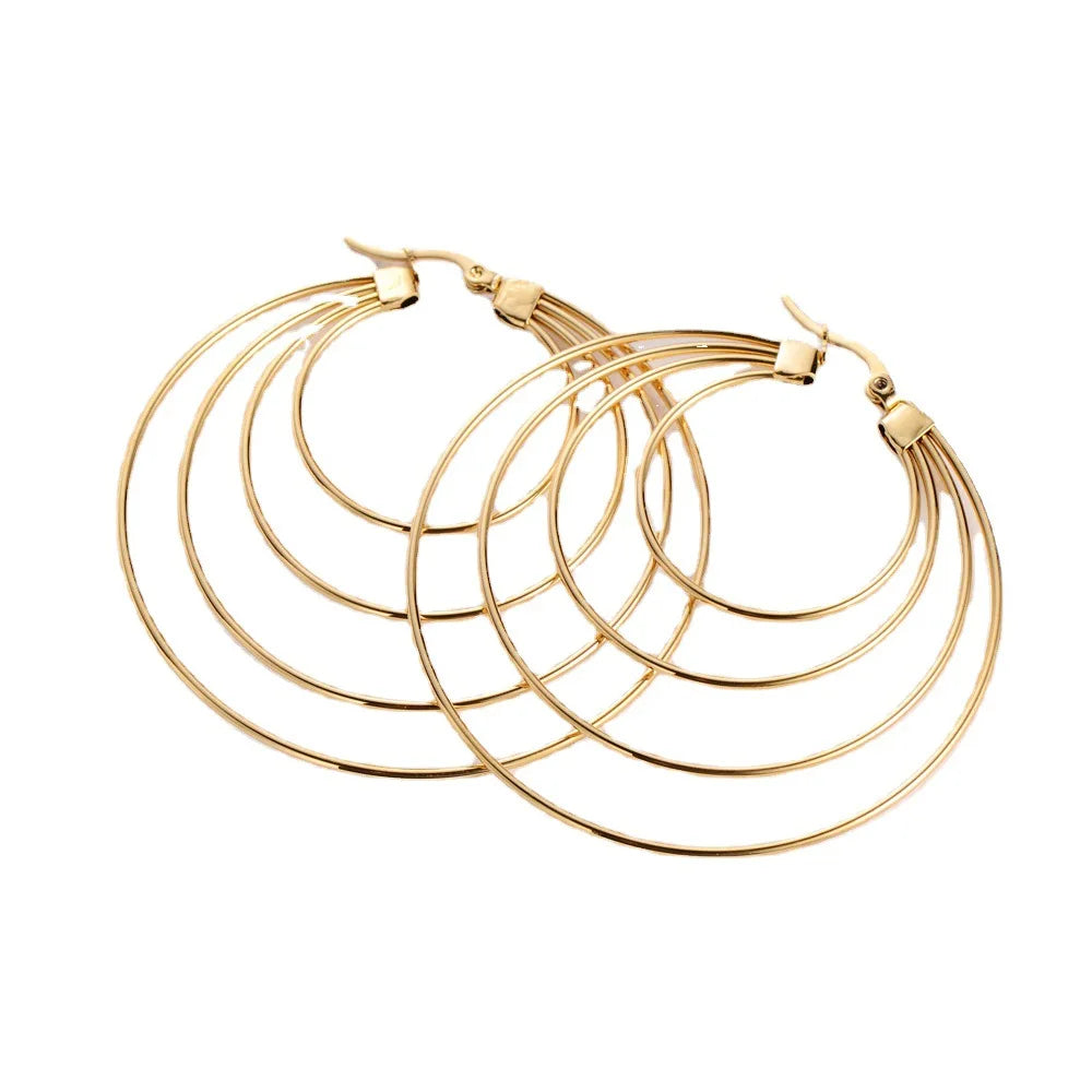 Fashion 18k Gold Plated Stainless Steel Multi Layered Circle Hoop Earrings
