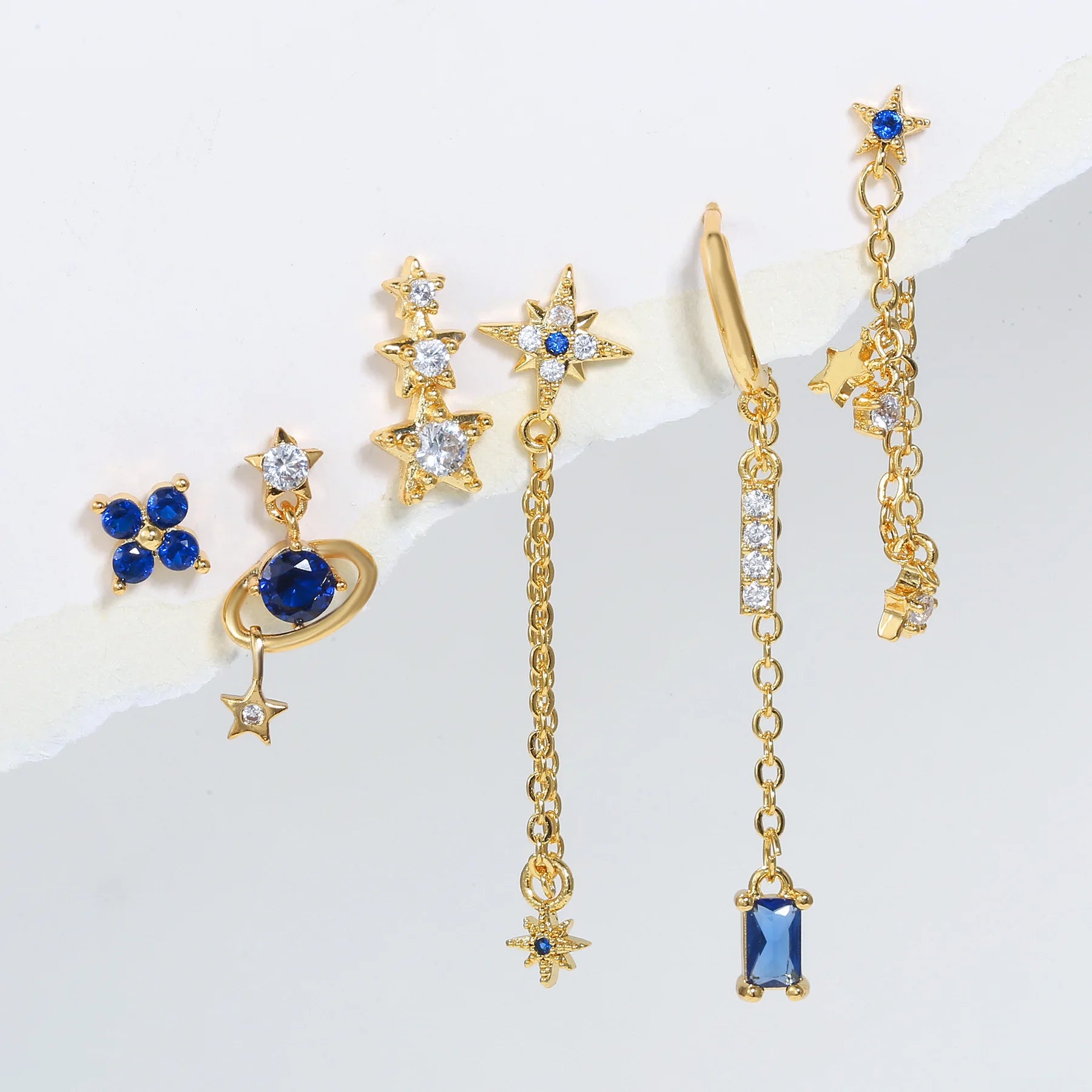 New Design Star Moon Earrings Set 18K Gold Plated Brass Earrings Fashion Jewelry Artistic Six-Piece Zircon Earrings for Women
