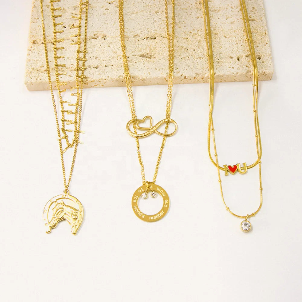 Fashion Jewelry Necklace Tarnish Free PVD 18K Gold Plated Two Layered Necklace Stainless Steel Layered Necklace for Women