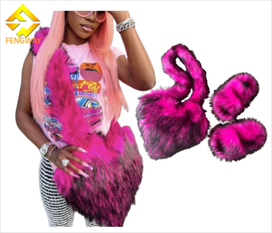 Hot Sale Winter Woman Luxury Fur Heart Shape Handbags With Fur slippers Fur Slides Set
