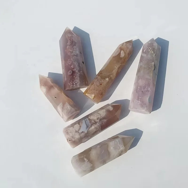 Polished Cherry Agate Point Tower Natural Pink Crystal Healing Stones Cherry Blossom Gemstone with Elegant Blossom Design