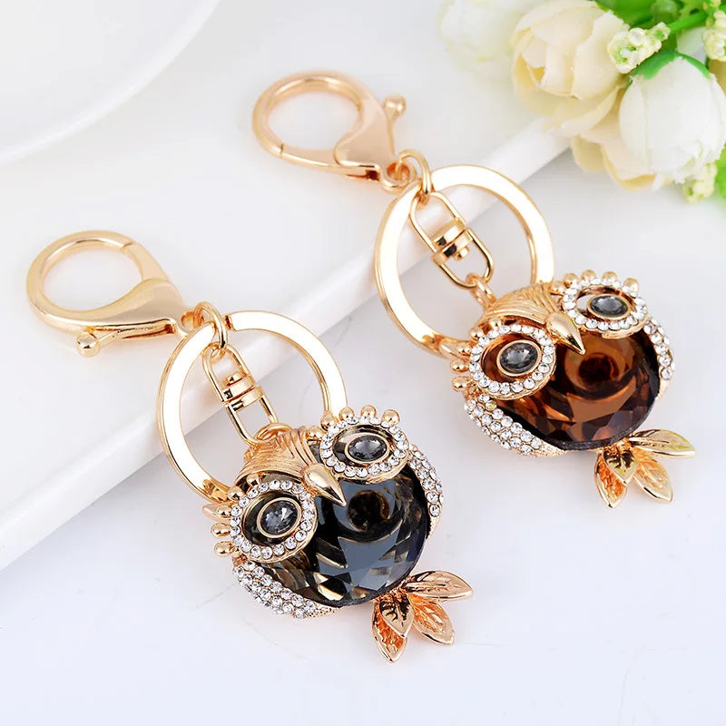 Fashion Gold Plated Metal Owl Key Ring Rhinestone Crystal Animal Owl Car Keychain for Gift