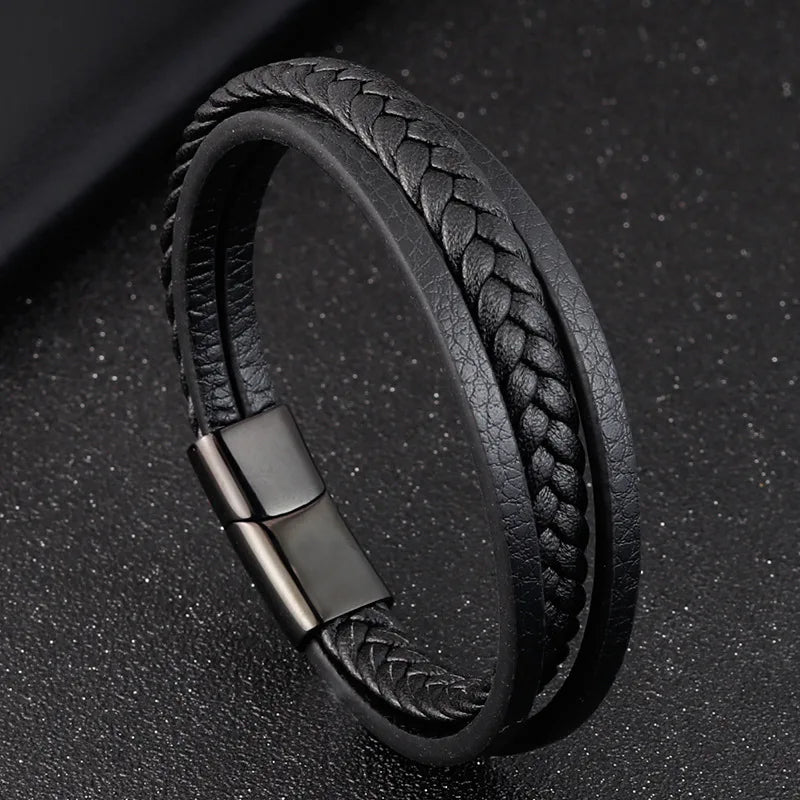 Fashion Men Jewelry Genuine Leather Bracelet Punk Braided Wrap Handmade Beads for Bracelet with Stainless Steel Magnetic Clasp