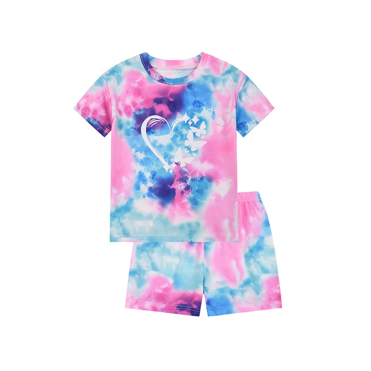 2024 Girls Clothing Sets Gradient Color Summer Short Sleeve Girl Tie Dye Set  Love Pattern Wholesale Kids Clothes