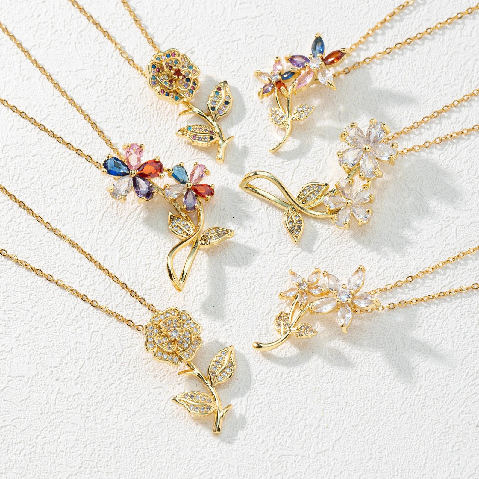 DAIHE Hot Sale Gold Plated Clavicle Chain Colorful Zircon Rose Flower Pendant Necklace Jewelry for Women Gift