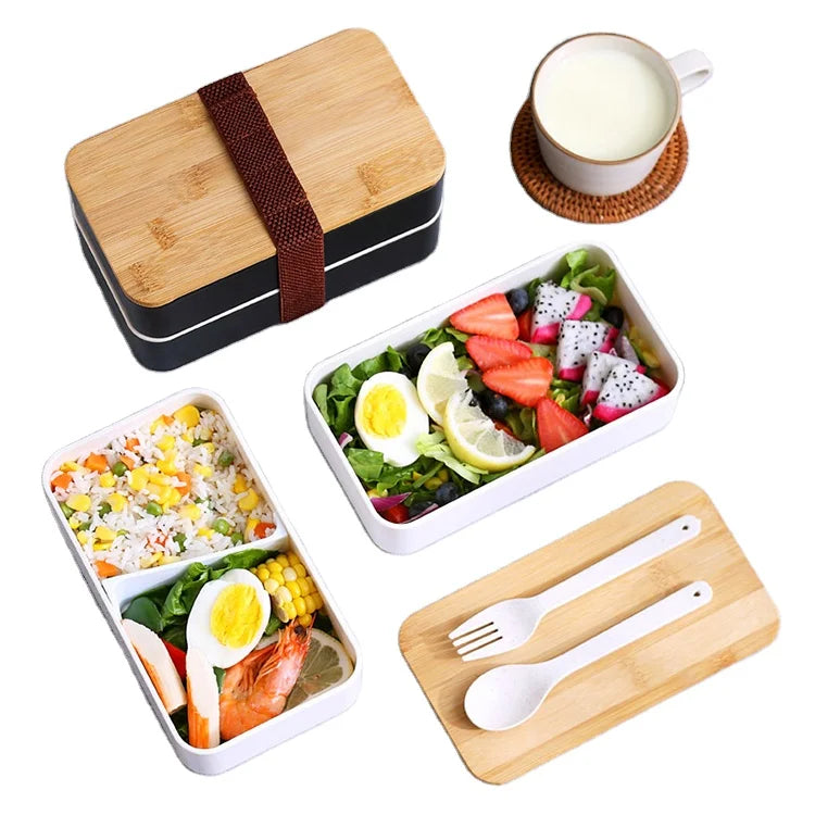 BPA-Free Eco-Friendly Wooden Lunch Box Set 2-Layer Divided Bento Box Heatable Food Cutlery Bag-Plastic Lighh Bamboo Lid