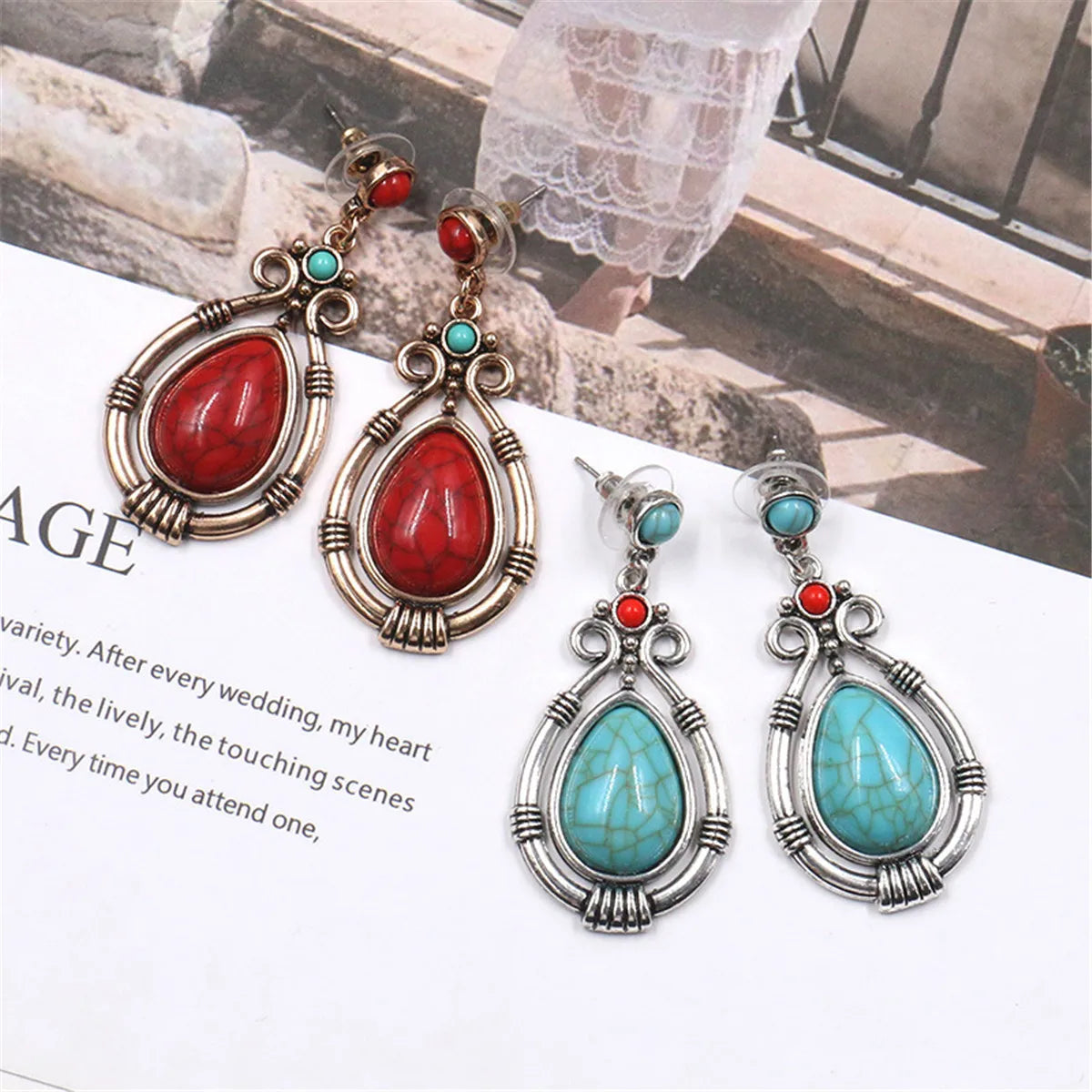 Retro Boho Ethnic Earrings Turquoise Beads Hook Women Ear Stud  Dangle Drop Jewelry Party Gift