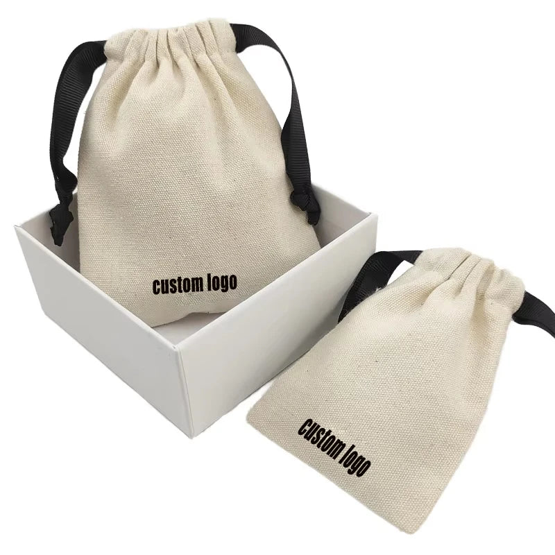 Custom logo 8 oz Natural Cotton Canvas Drawstring Bag Luxury Shopping Package Storage Pouch with Grosgrain Ribbon