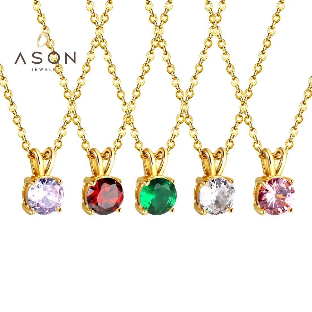 Ason Fashion Jewelry Personalized Women Gifts 18k Gold Plated Stainless Steel Dainty Colorful Zircon Pendant Necklace for Women
