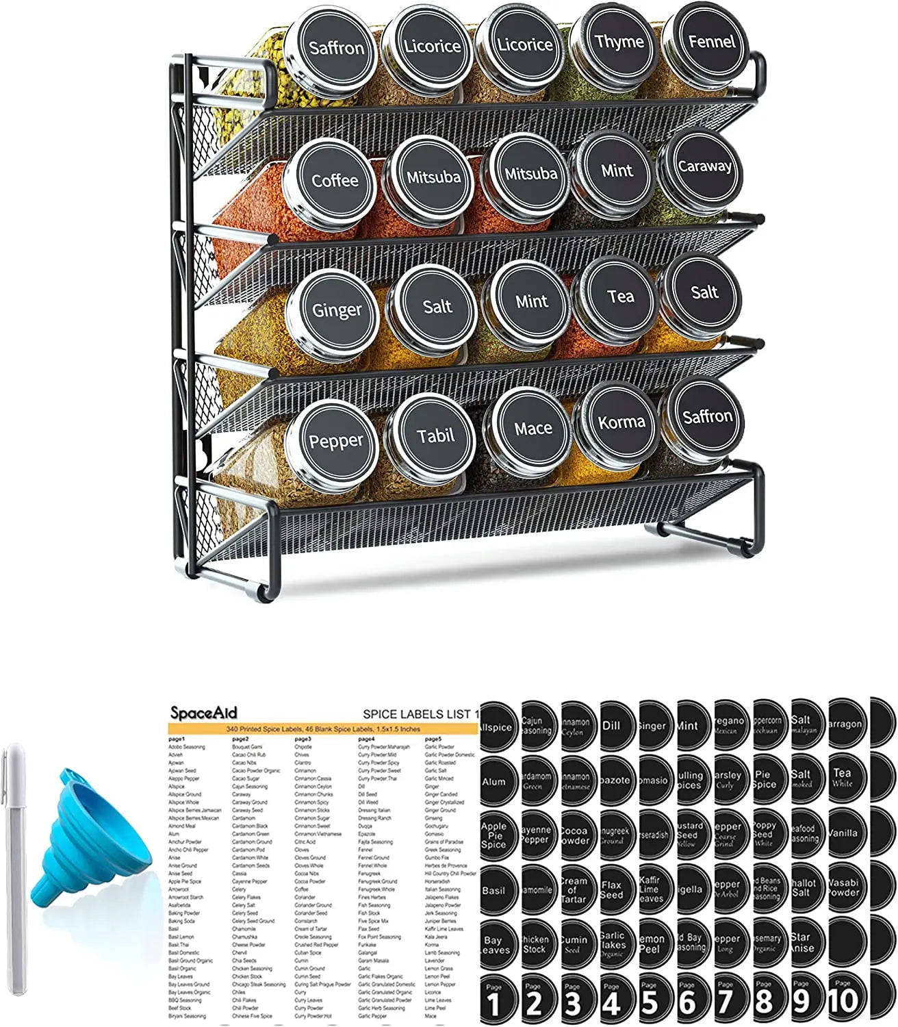 Wall Mount Spice Rack Organizer 20 Spice Jars 386 Spice Labels Chalk Marker Funnel Set Cabinet Countertop Pantry