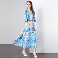 Knee-Length Chiffon Woven Natural Waist Long Sleeve Blue White Floral Bohemian Summer Women's Dress