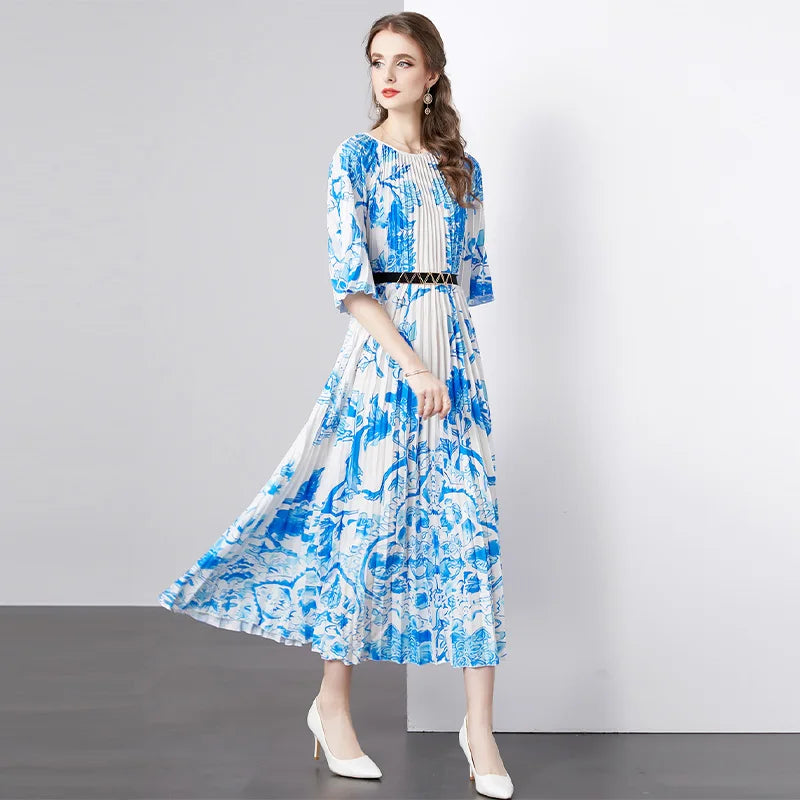 Knee-Length Chiffon Woven Natural Waist Long Sleeve Blue White Floral Bohemian Summer Women's Dress