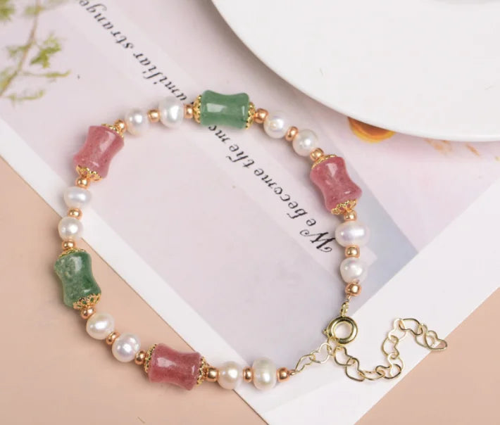 Candy Color Green Red Strawberry Quartz Bucket Beads Natural Pearl Healing Crystal Beaded Bracelets for Women Girls Gift