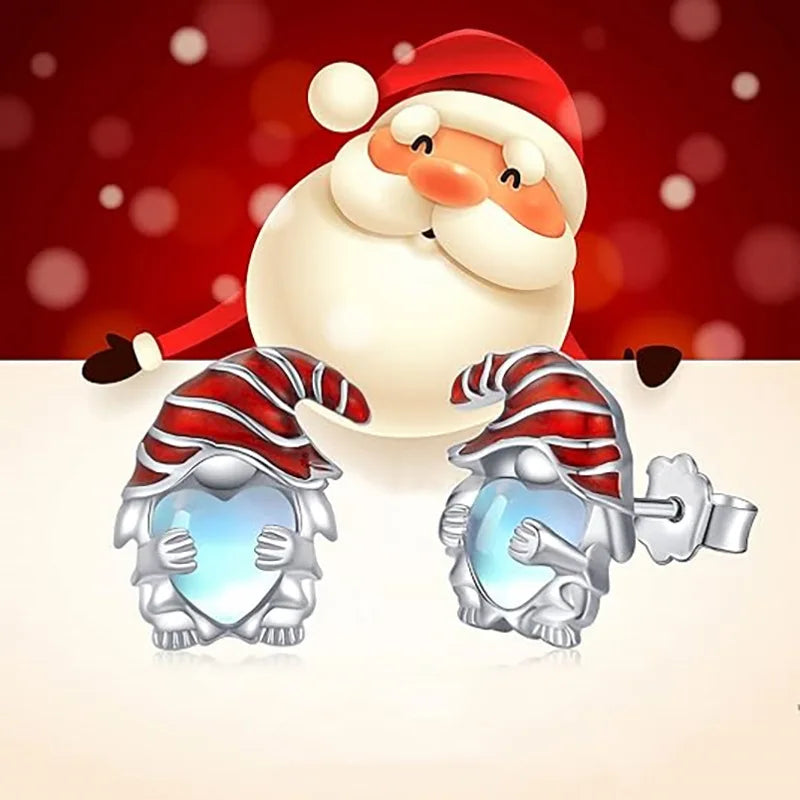 CAOSHI Customable Cute Santa Claus Design Heart Shaped Moonstone Earrings for Fashion Party Women Silver Plated CZ Stud Earrings