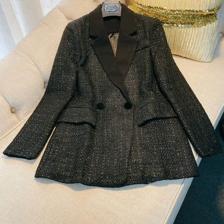 New Spring and Autumn Outerwear With Thick Tweed Slim Fit Black Sparkling Weave Fashion Casual Suit