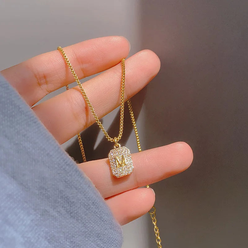 Trendy Micro Paved Stainless Steel Necklace Simple Square Zircon Letter M Pendant Necklace for Women Jewelry Hotselling