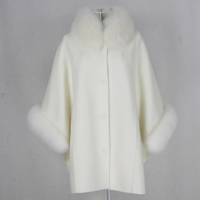 OFTBUY 2023 New White Cloak Cashmere Wool Blends Real Fur Coat Winter Jacket Women Natural Fox Fur Women Cloak Coat