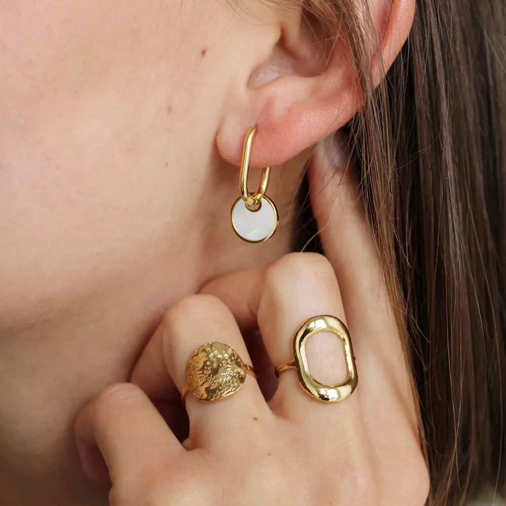 New Arrival 18K Gold Plated Stainless Steel Earring Natural White Shell Round Pendant Jewelry Drop Earrings