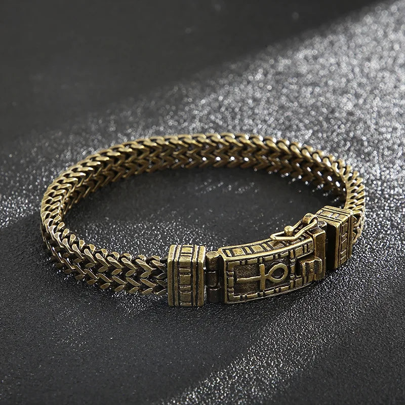 Ancient Egypt Symbol of Life Charm Ankh Eye Double Chain Bracelet for Men Retro Silver 22CM Stainless Steel Bangle Unisex