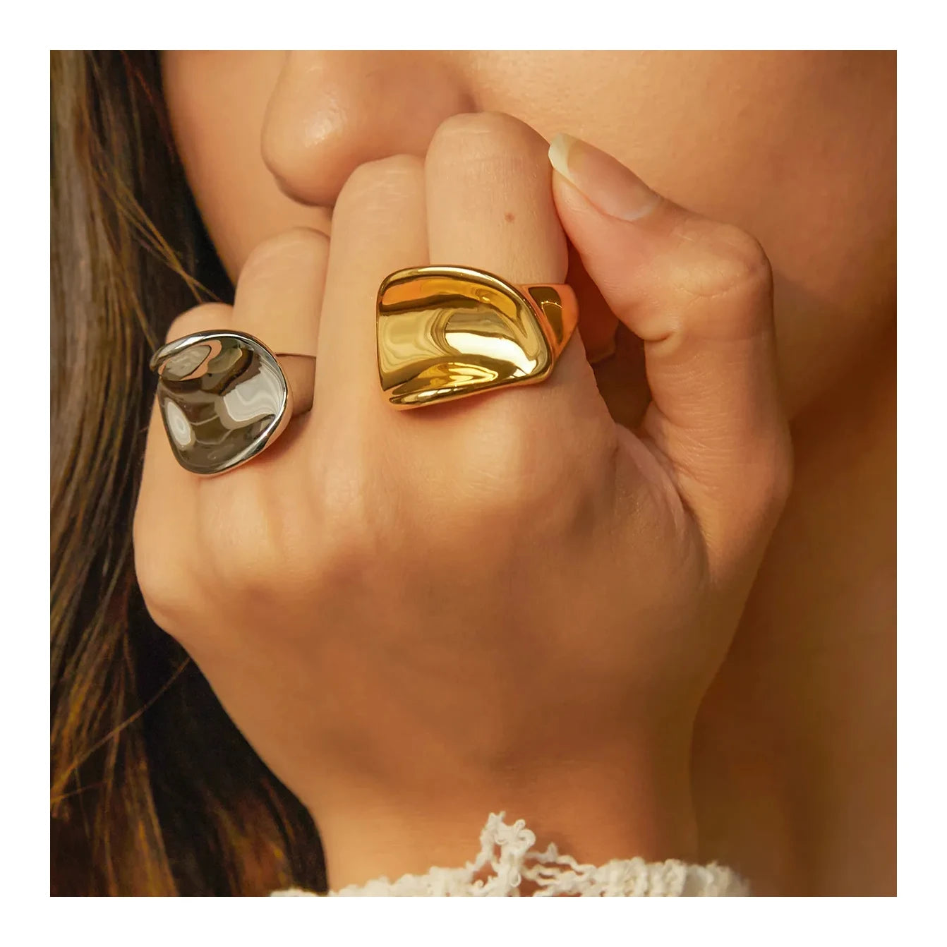 ERESI Real Gold Plated Stainless Steel Adjustable Rings for Women Silver Color High Polish Round Pleated Irregular Finger Ring