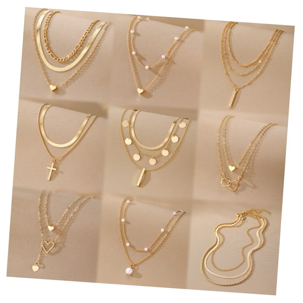2024 New Fashionable Gold Pearl Geometric Heart Drop Cross Pendant Necklace for Women Jewelry Multilayer Link Chain Gift