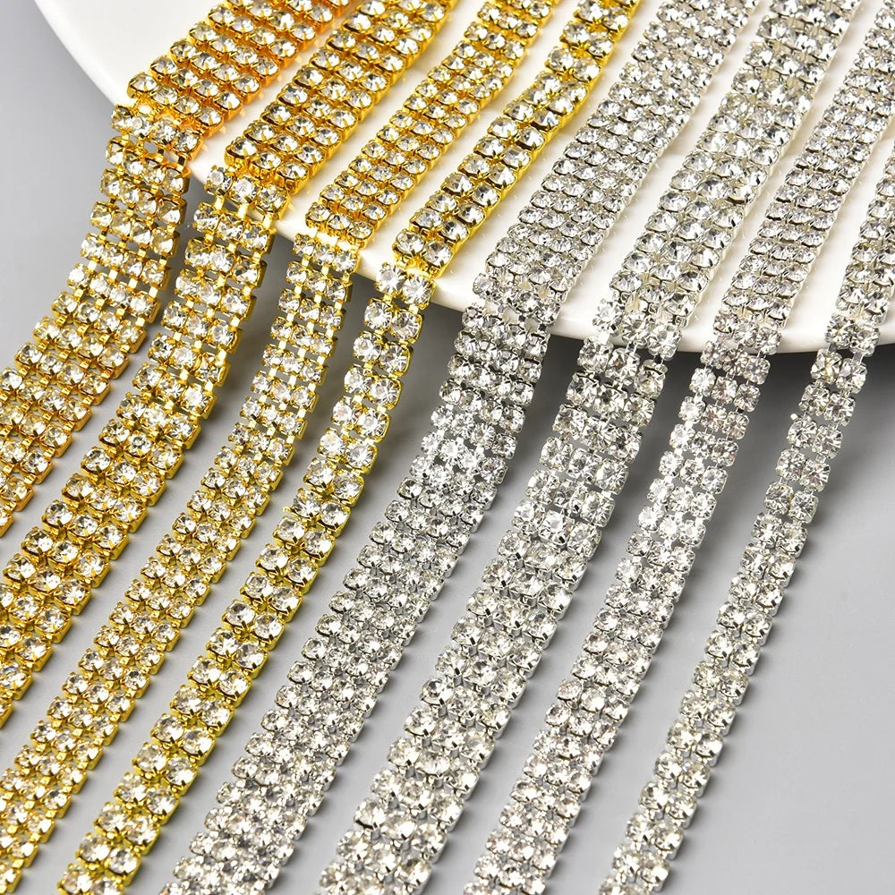 2 3 4 Rows Glass Crystal Diamond Cup Chain Applique Bling Rhinestone Trim Ribbon Diy Shoes Dress Bags Decorative Accessories