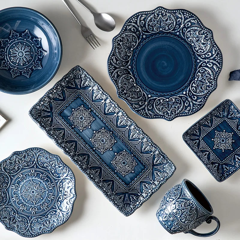 Vintage Baroque Style Ceramic Dinnerware Set Porcelain Plate and Bowl Cup Set Tableware