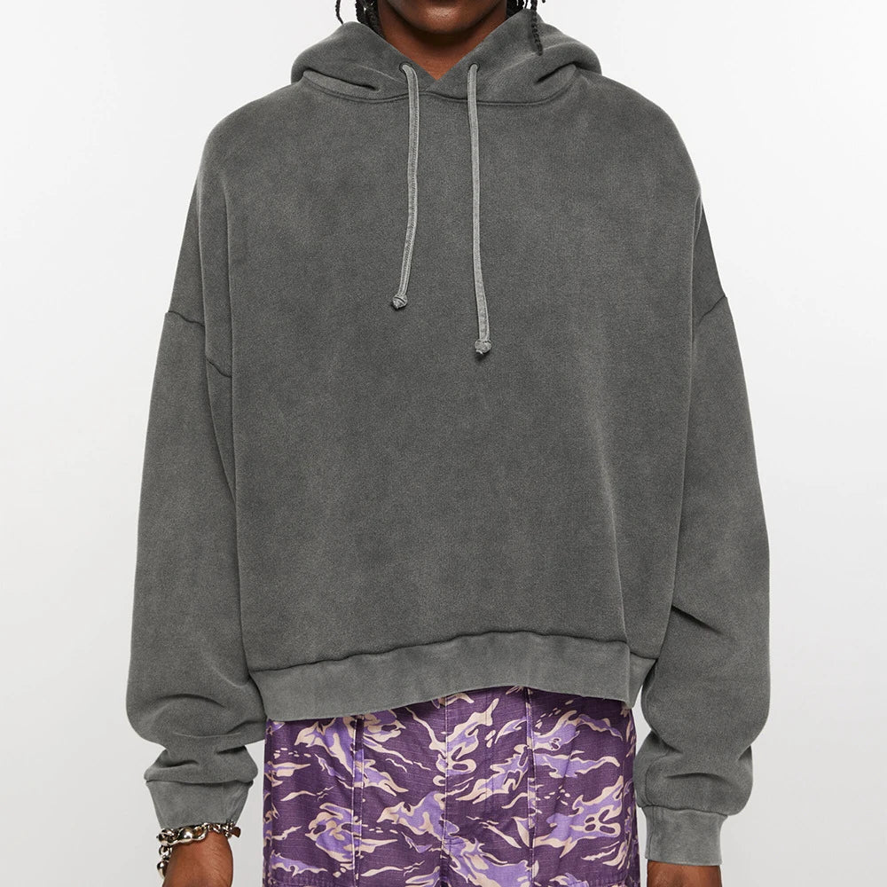 Custom Pattern LOGO Unisex Men Women Streetwear French Terry Fleece Heavyweight Acid Wash Cropped Boxy Hooded Sweatshirt Hoodie