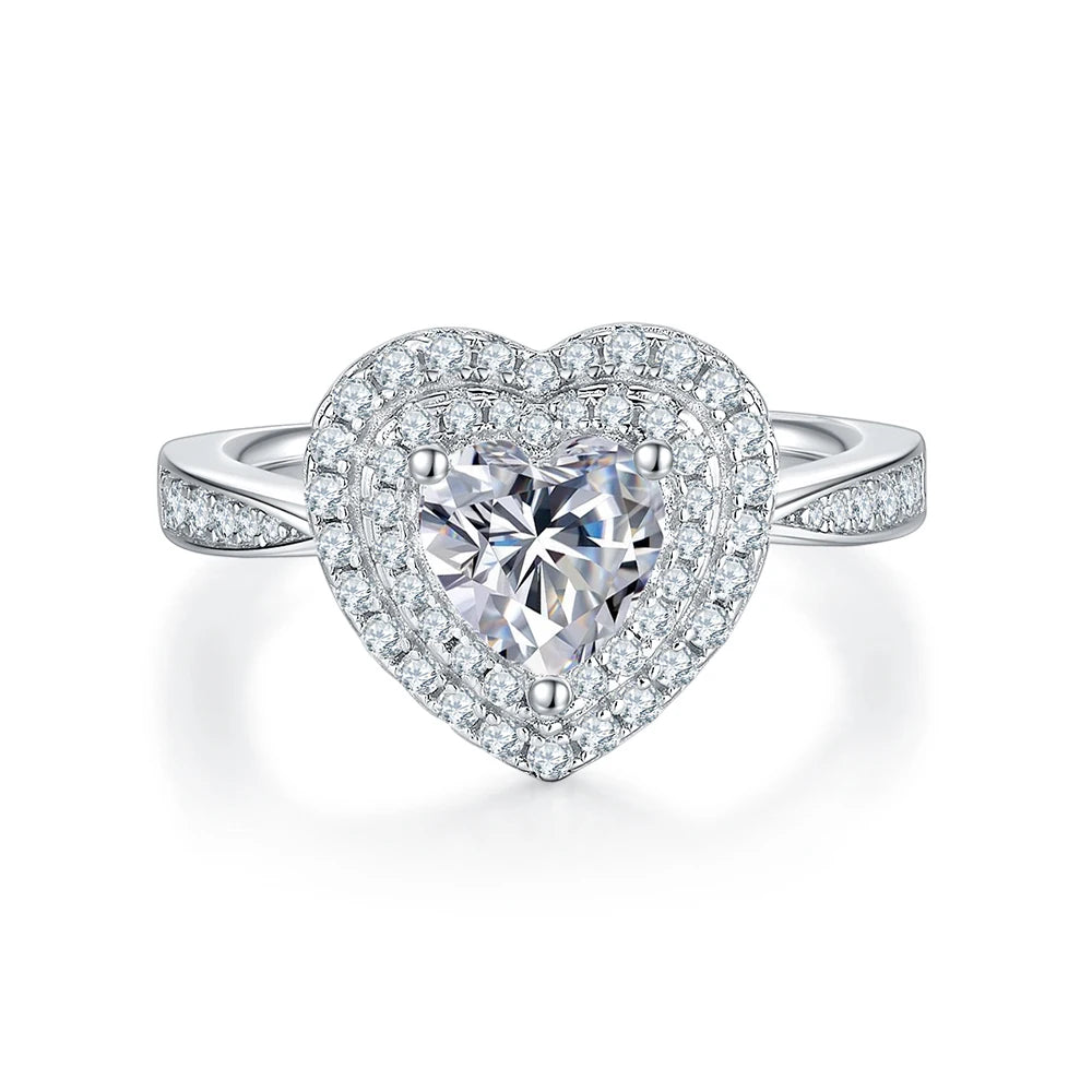New Trendy Luxury Jewelry White Gold Plated Solid 925 Sterling Silver 1 Carat  Double Zirconia Heart Shape Engagement Ring