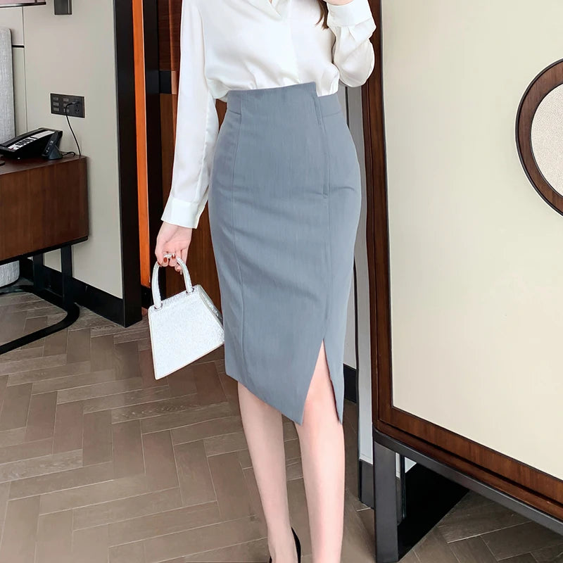 ZYHT 5435 Breathable Gray Formal Office French Pencil Skirt Knee Length Straight Split High Waist Wrap Career Skirt for Women