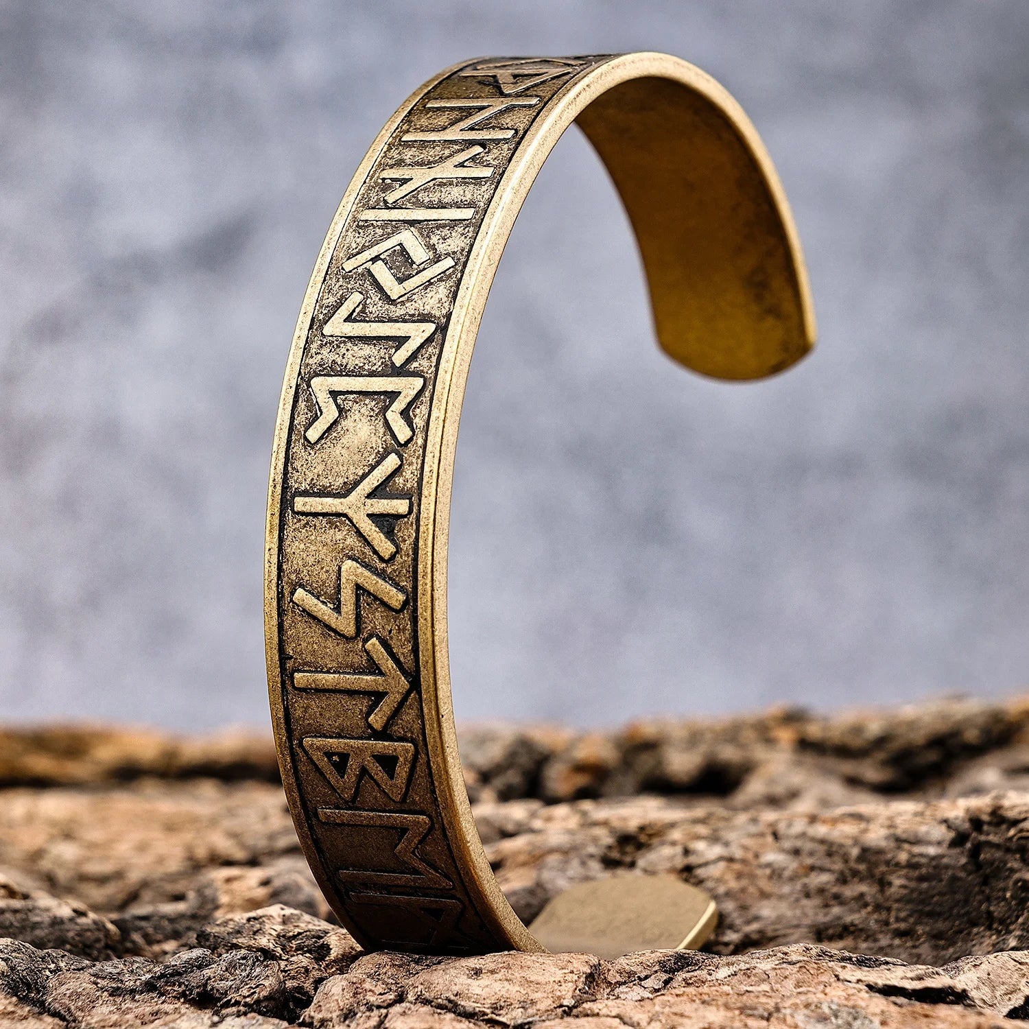 Ready to Ship Stainless Steel Antique Brass Color Norse Viking Runes Mens Viking Bangle Bracelets
