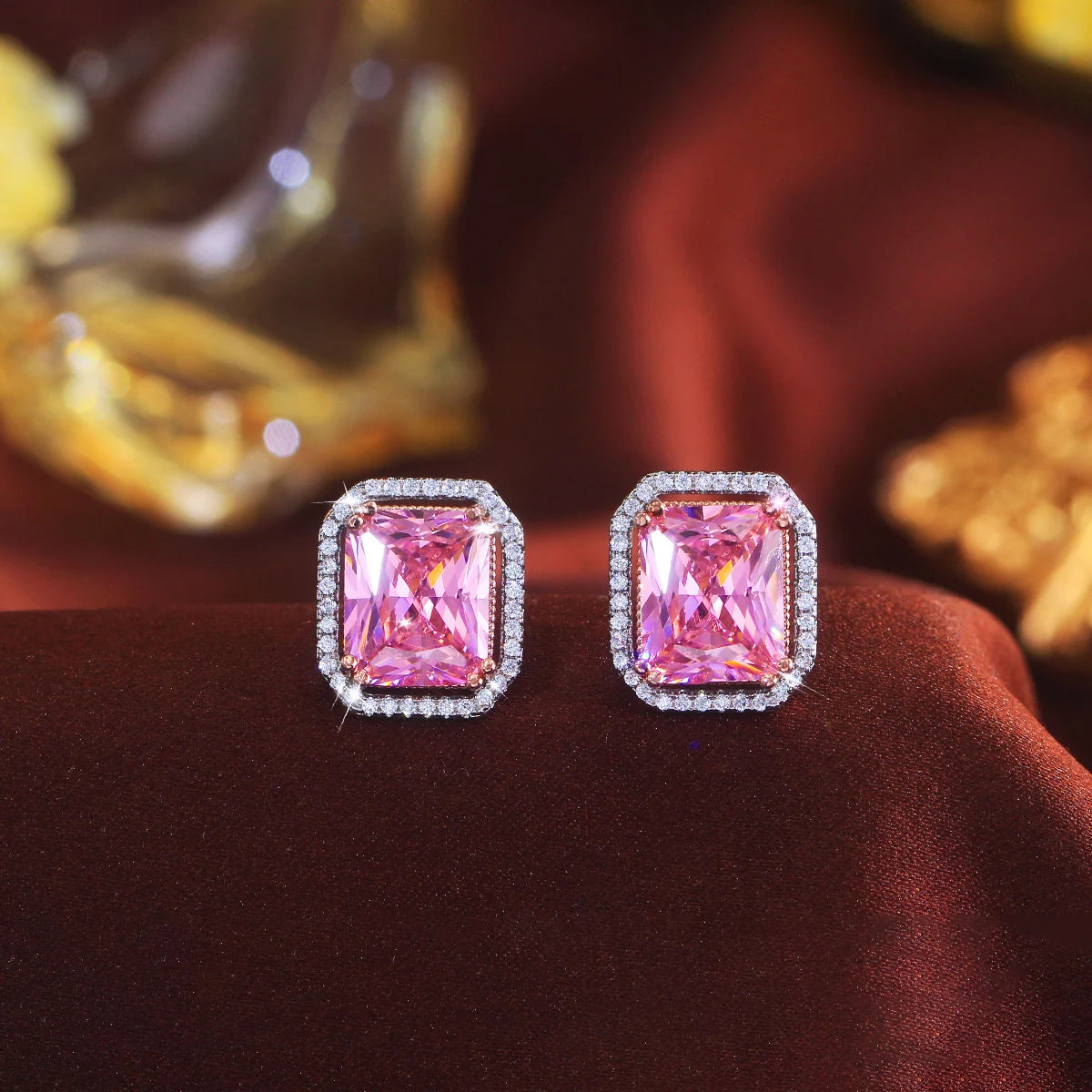 Fashion Jewelry Bling Pink Cubic Zirconia Stone Big Square Stud Earrings for Women Daily Party Wear Jewelry